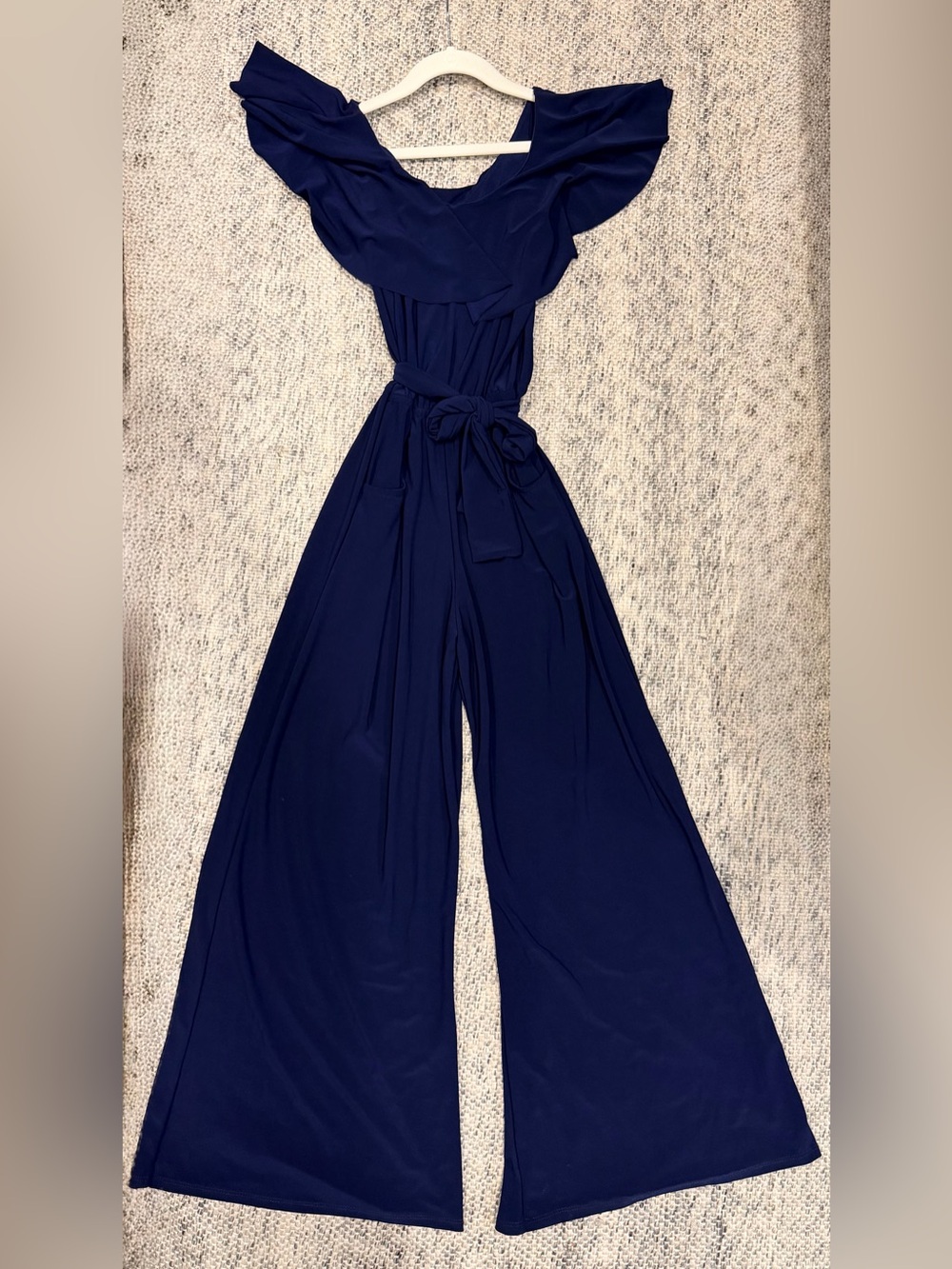 Un Deux Trois Girls Ruffle Wide Leg Jumpsuit, Navy Blue